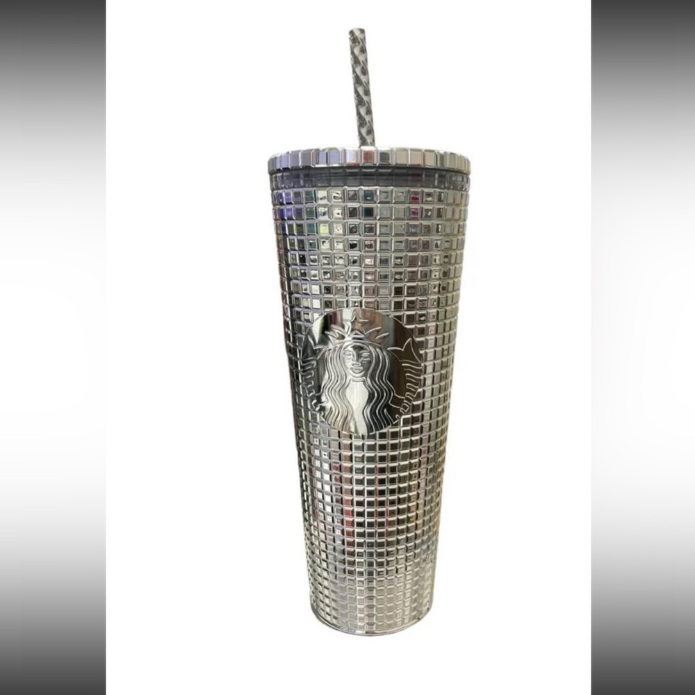 Starbucks Tumbler Rare Disco Silver Chrome Mirror Grid 24oz New